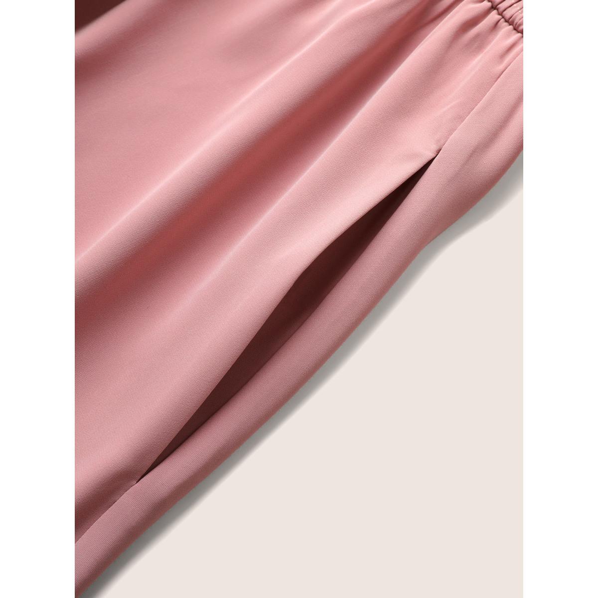 Plus Size Square Neck Shirred Elastic Waist Ties Dress Watermelon Women Elegant Non Square Neck Short sleeve Curvy Midi Dress BloomChic 12/L Product Image