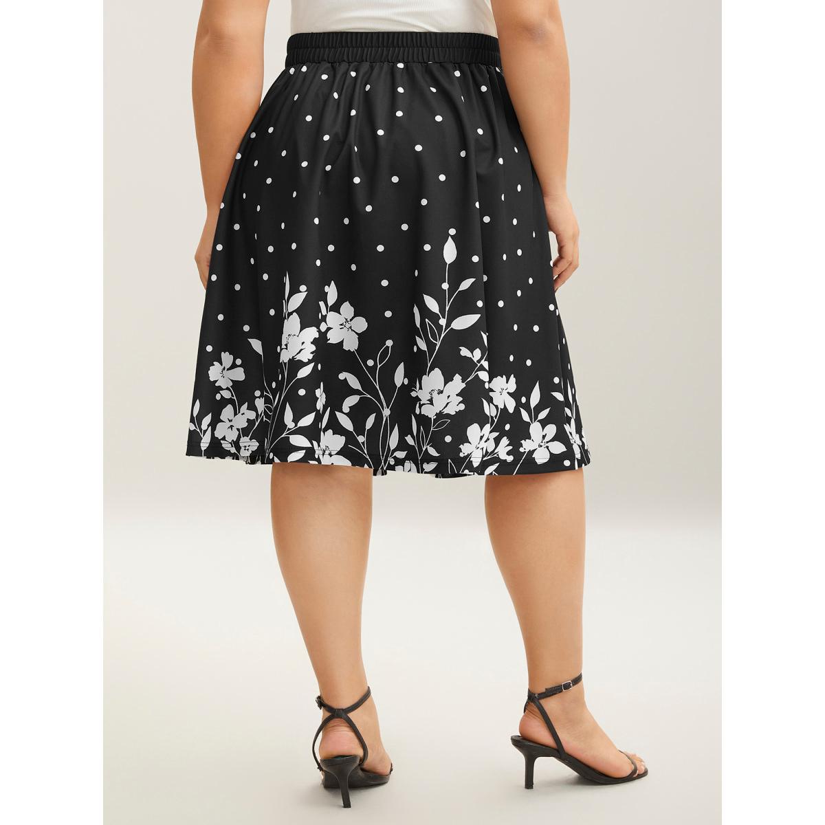 Plus Size Floral Print Pleated Midi Skirt Women BlackFlower Elegant Bodycon Low stretch Slanted pocket Everyday-Elegant Skirts BloomChic 14-16/1X Product Image