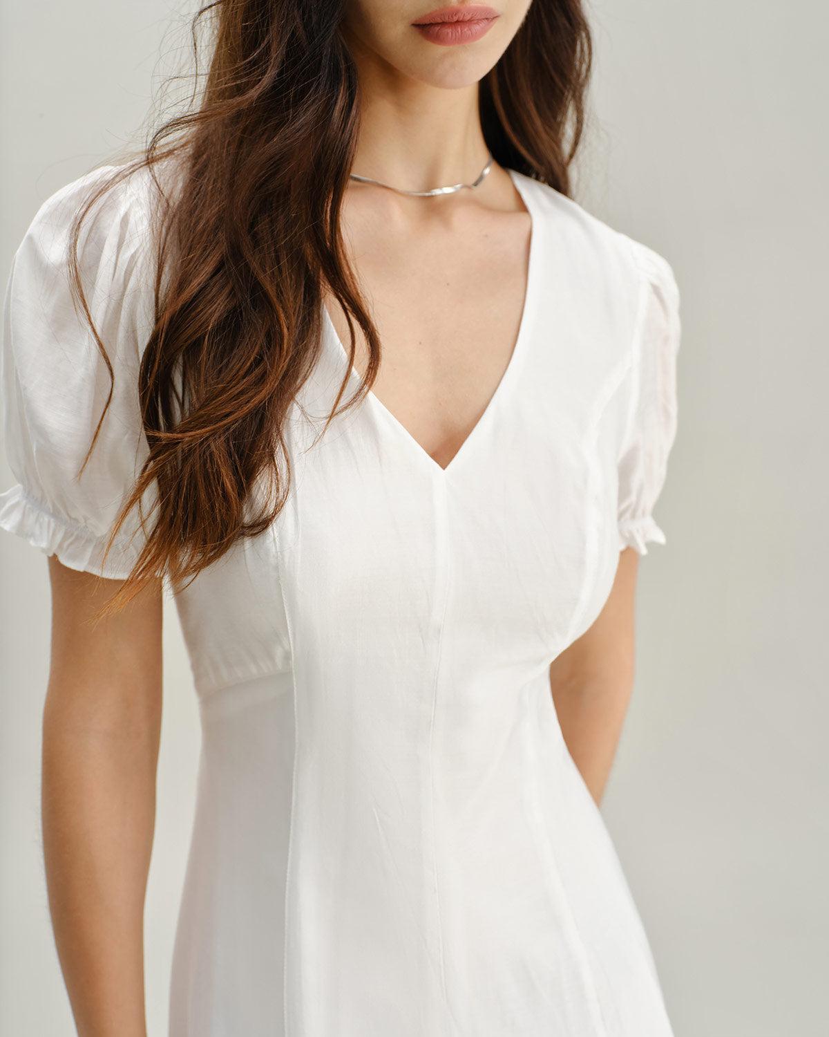 White Puffed Sleeve V Neck Midi Dress Product Image