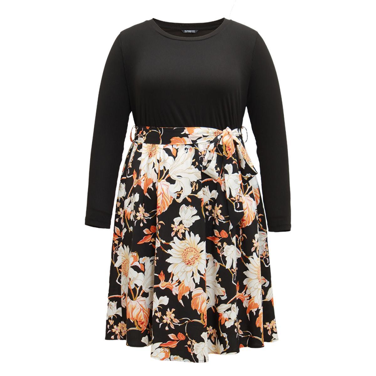 Plus Size Floral Print Rib Knit Belted Dress Black Women Elegant Rib Knit Round Neck Long Sleeve Curvy Midi Dress BloomChic 12/L Product Image