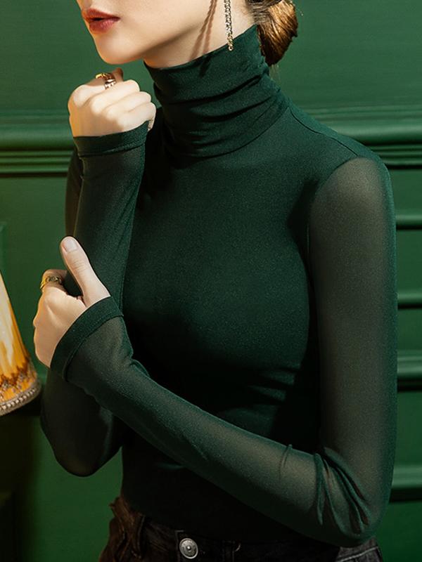 Long Sleeves Plus Size See-Through Solid Color Split-Joint High Neck T-Shirts Product Image