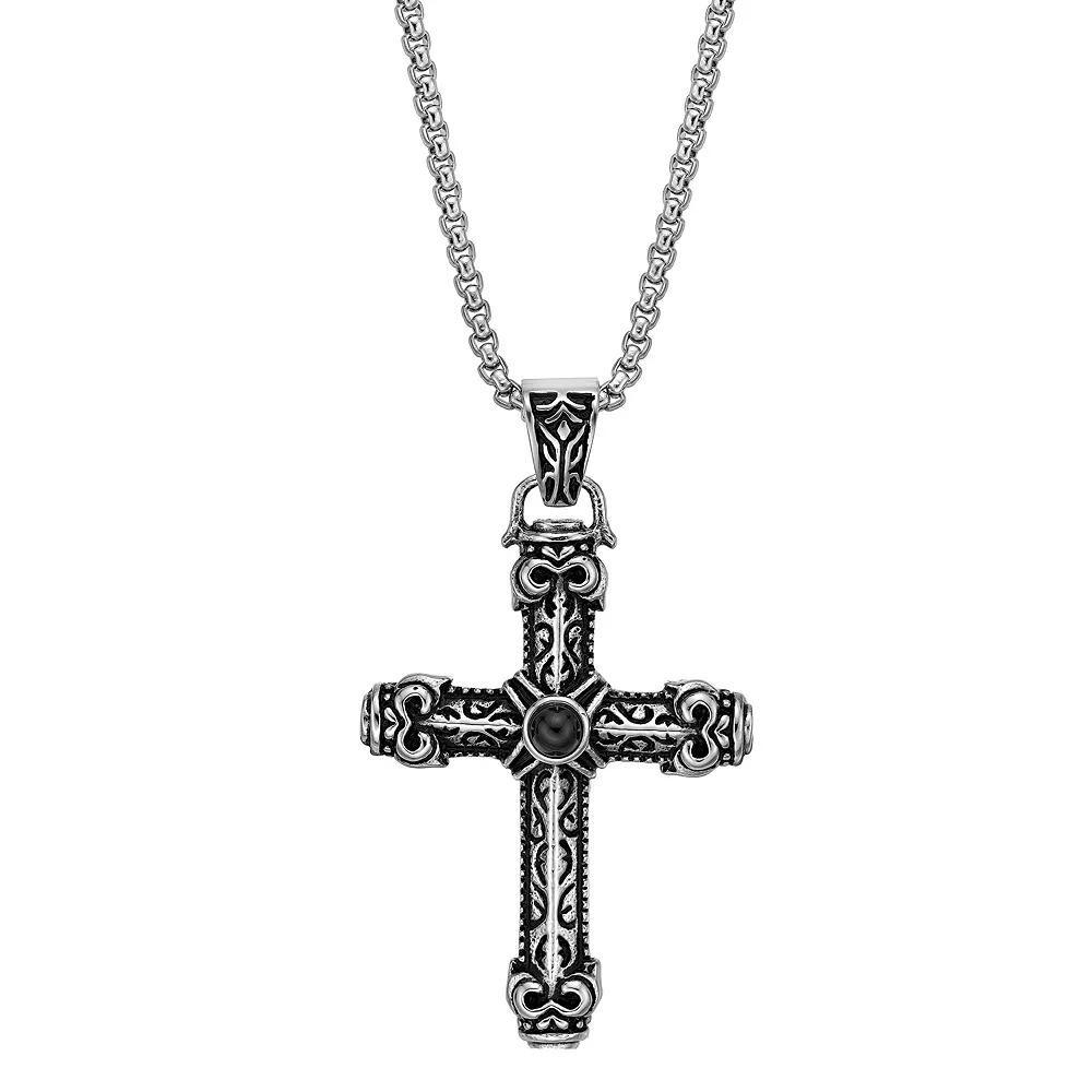 LYNX Men's Black Ion-Plated Stainless Steel Black Agate Cross Pendant Necklace, Size: 22" Product Image