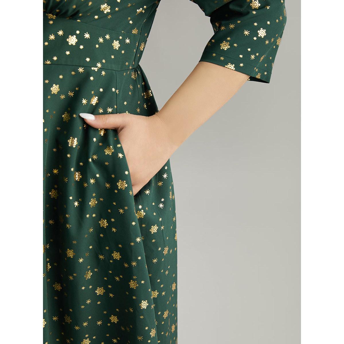 Plus Size Star Glitter Square Neck Gathered Dress DarkGreen Women Party Printed Square Neck Elbow-length sleeve Curvy Midi Dress BloomChic 18-20/2X Product Image