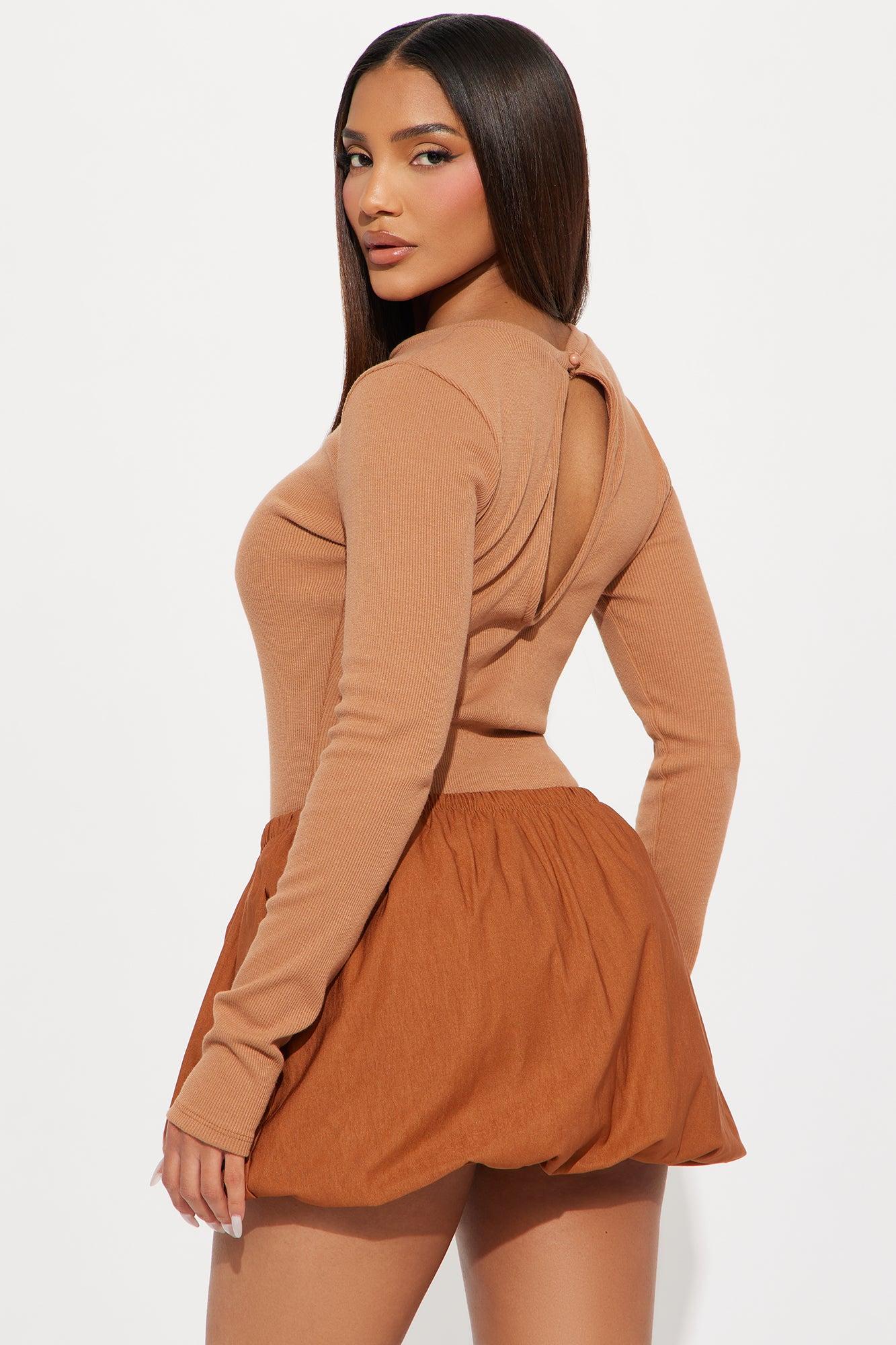 Remy Long Sleeve Bubble Mini Dress - Cognac Product Image