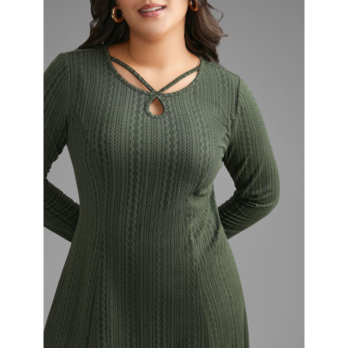Plus Size Plain Textured Keyhole Knit Dress ArmyGreen Women Casual Texture Knit Dresses Bloomchic 30/6X Product Image