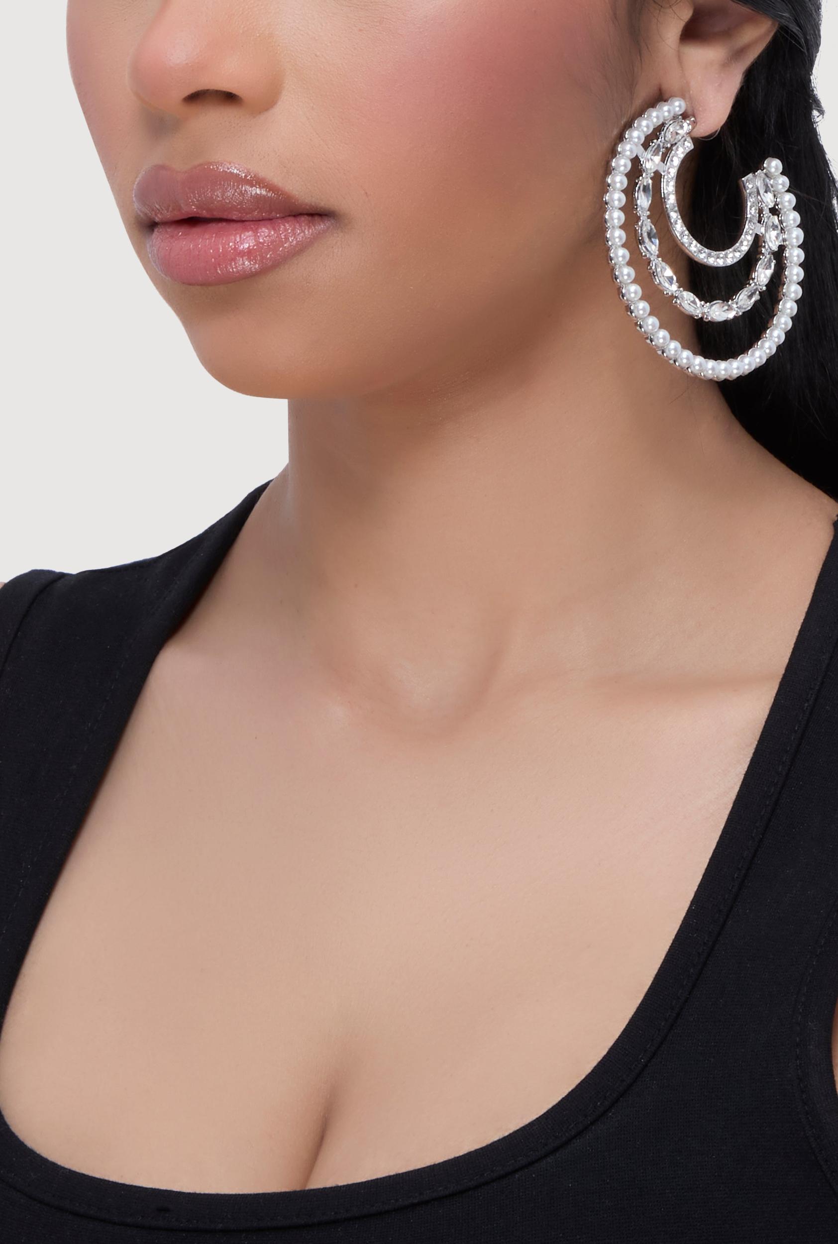 Faux Pearl Rhinestone Crescent Moon Earrings Unisex Product Image