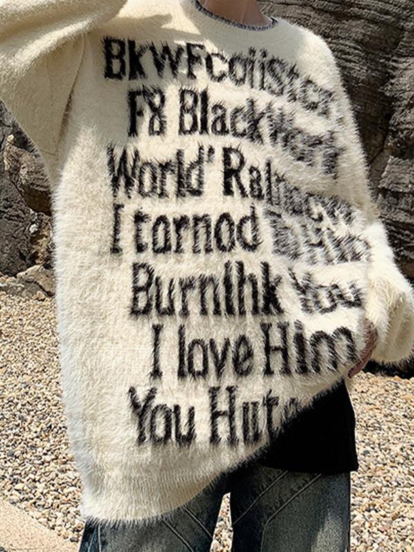 Men's Letter Jacquard Fuzzy Sweater Product Image