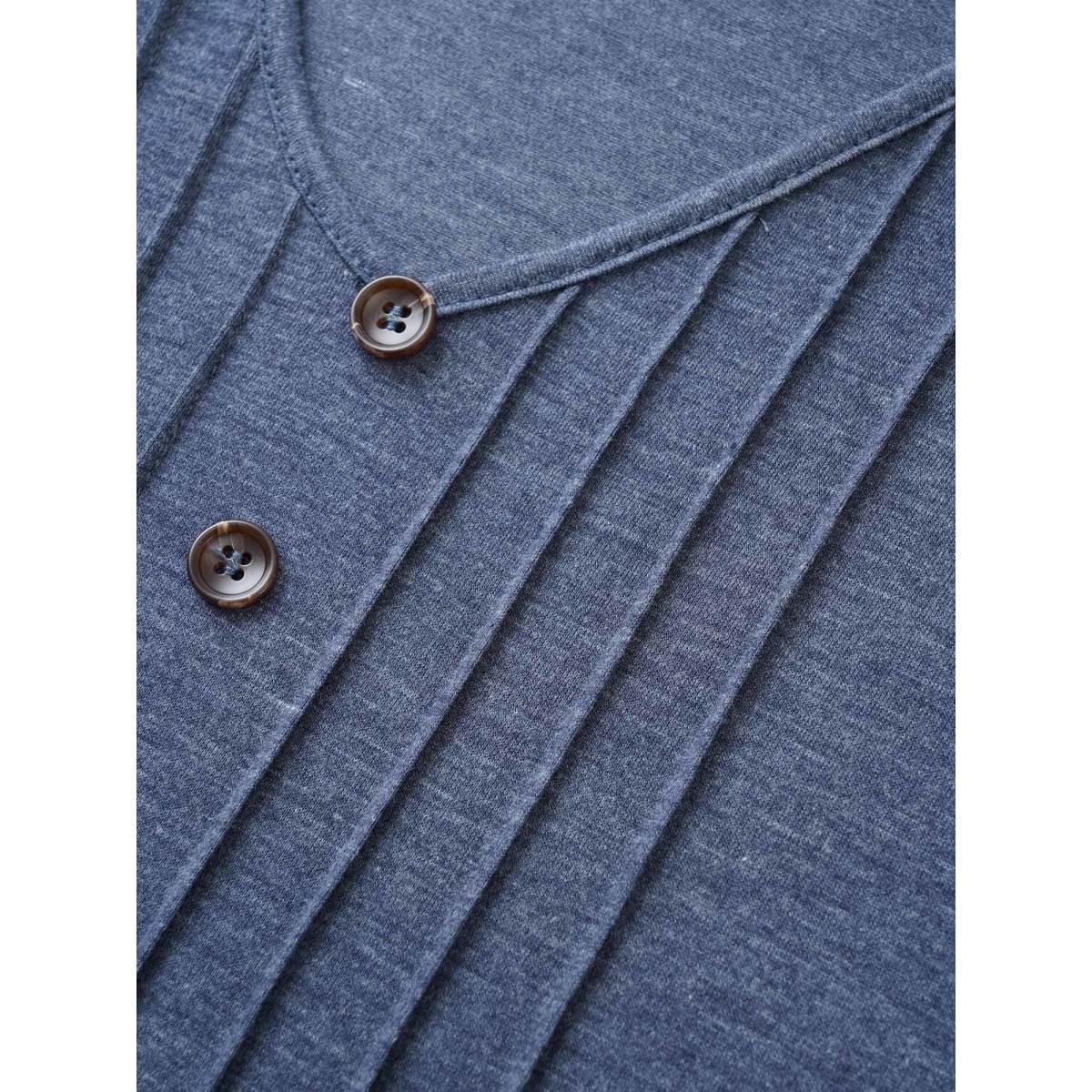 Plus Size Solid Pleated Front Button Detail V Neck T-shirt Stone Women Casual Button Plain Everyday T-shirts BloomChic 10/M Product Image