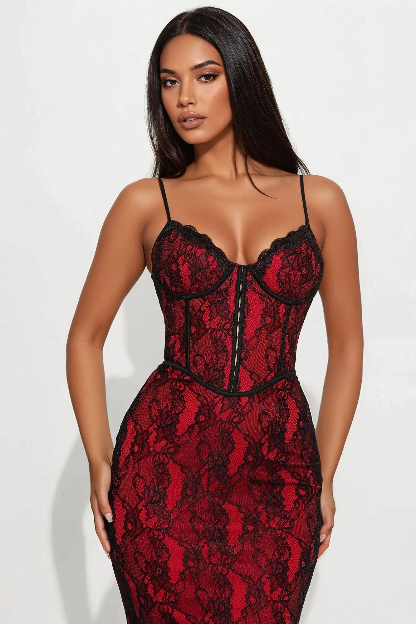Head Turner Lace Maxi Dress - Red/Black Product Image