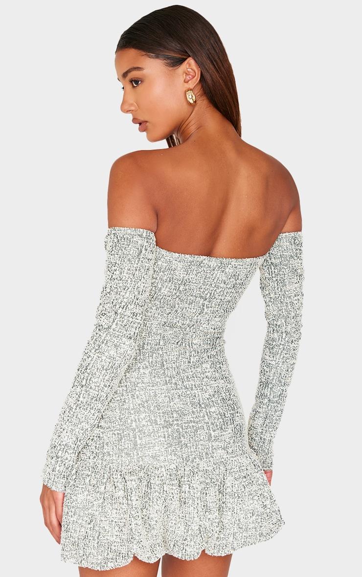 Khaki Bardot Boucle Puffball Mini Dress Product Image