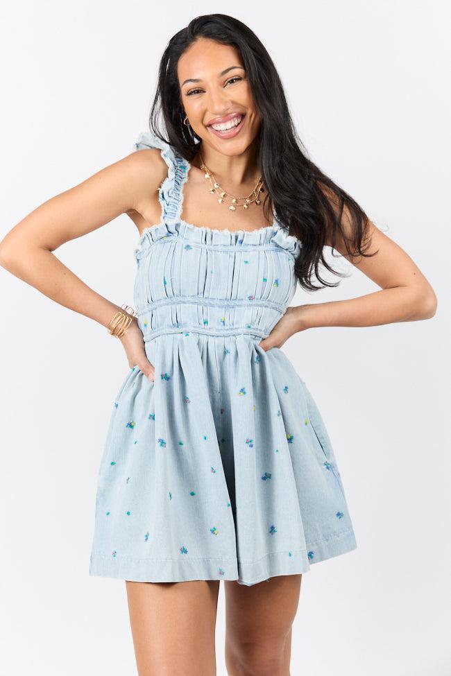 Big Sky Light Wash Denim Embroidered Romper FINAL SALE Product Image
