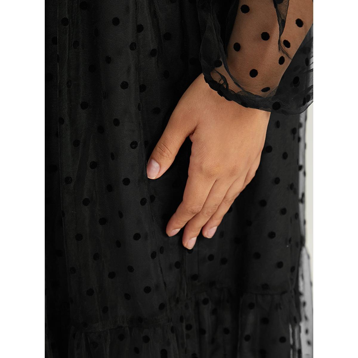 Plus Size Polka Dot Mesh Pocket Square Neck Dress Black Women Elegant Texture Square Neck Long Sleeve Curvy Midi Dress BloomChic 30/6X Product Image