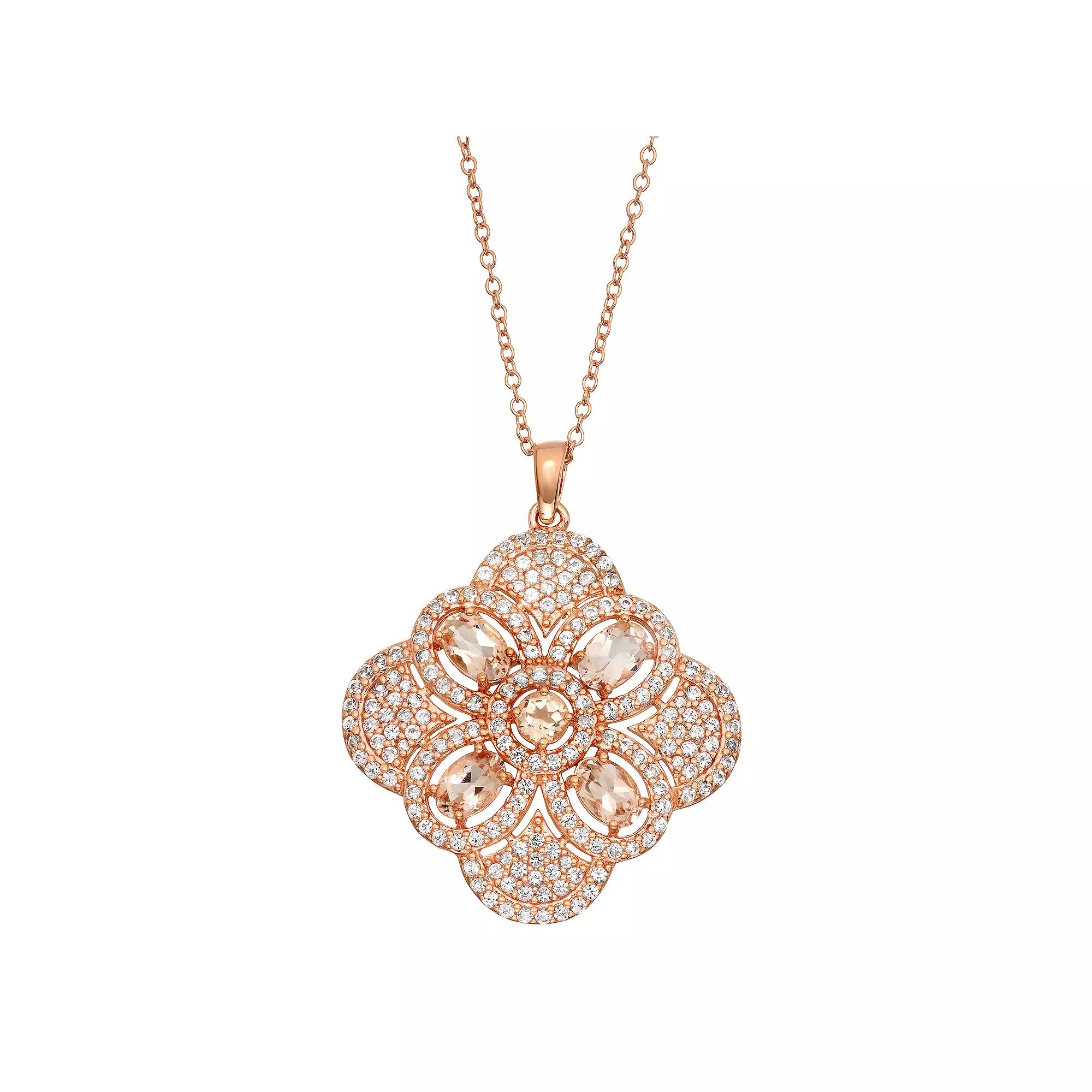 14k Rose Gold Over Sterling Silver Morganite & Lab-Created White Sapphire Flower Pendant Necklace, Women's, Size: 18", Pink Tone Product Image