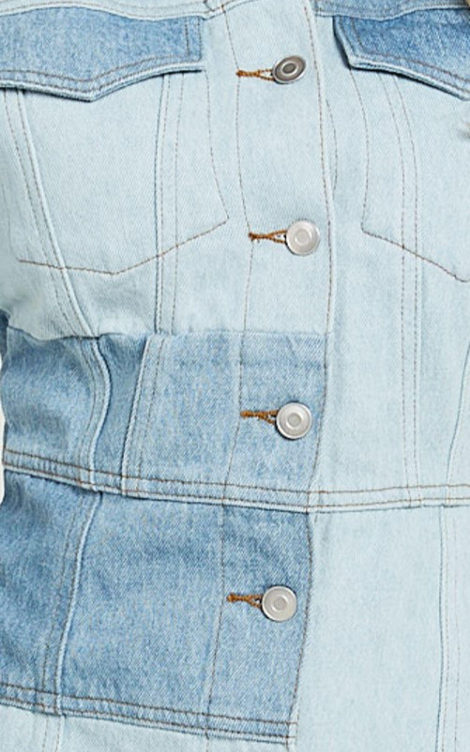 Gladys Mini Dress - Short Sleeve Patchwork Denim Dress in Multi Product Image