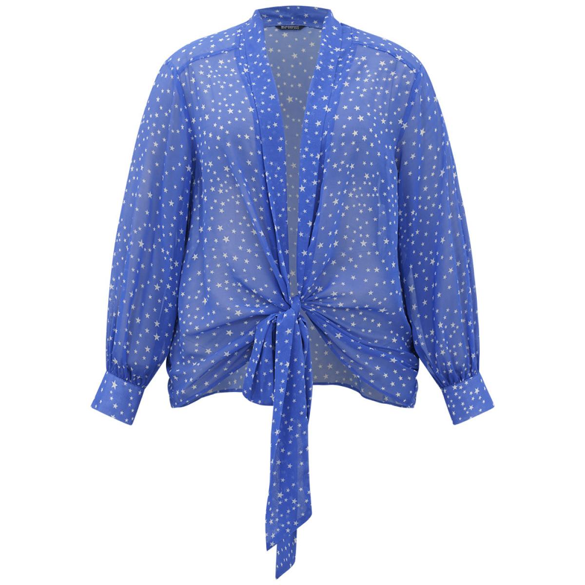 Plus Size UltraCool Star Print Lapel Collar Bowknot Kimono Women Blue Casual Drape Dailywear Kimonos BloomChic 14-16/1X Product Image