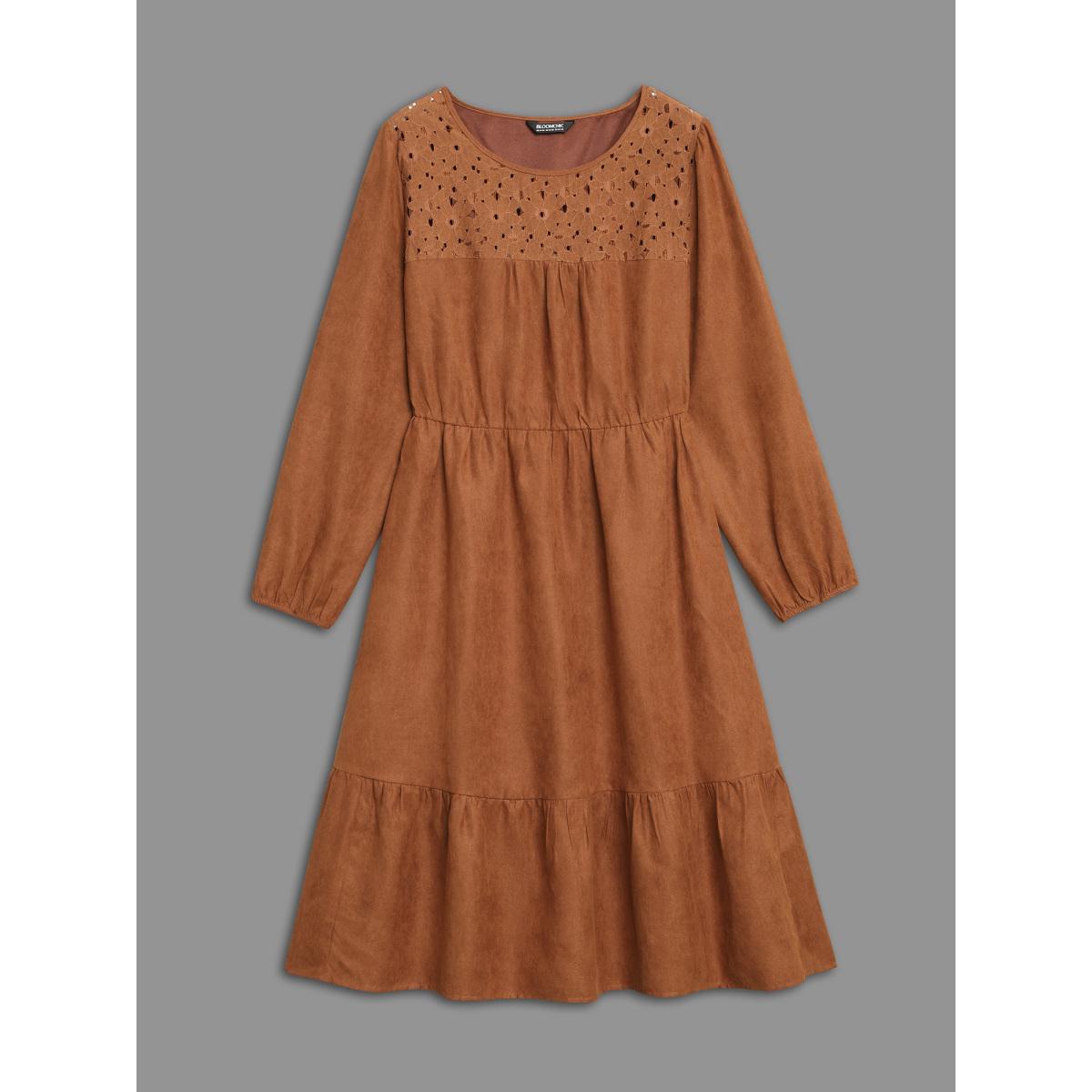 Plus Size Faux Suede Lace Panel Lantern Sleeve Dress Yellowishbrown Women Timeless Texture Round Neck Long Sleeve Curvy BloomChic 30/6X Product Image