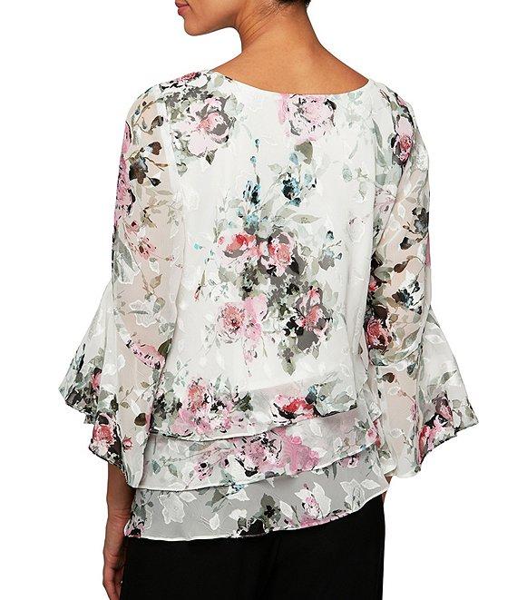 Alex Evenings Floral Print 3/4 Sleeve Tiered Hem Chiffon Blouse Product Image