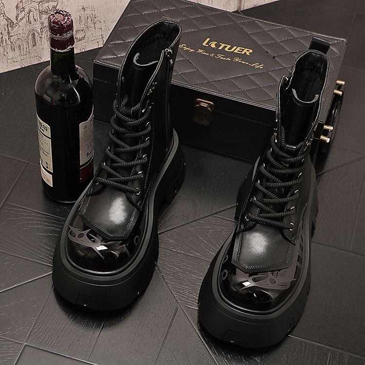 Lettering Lace-Up Platform Short Boots Product Image