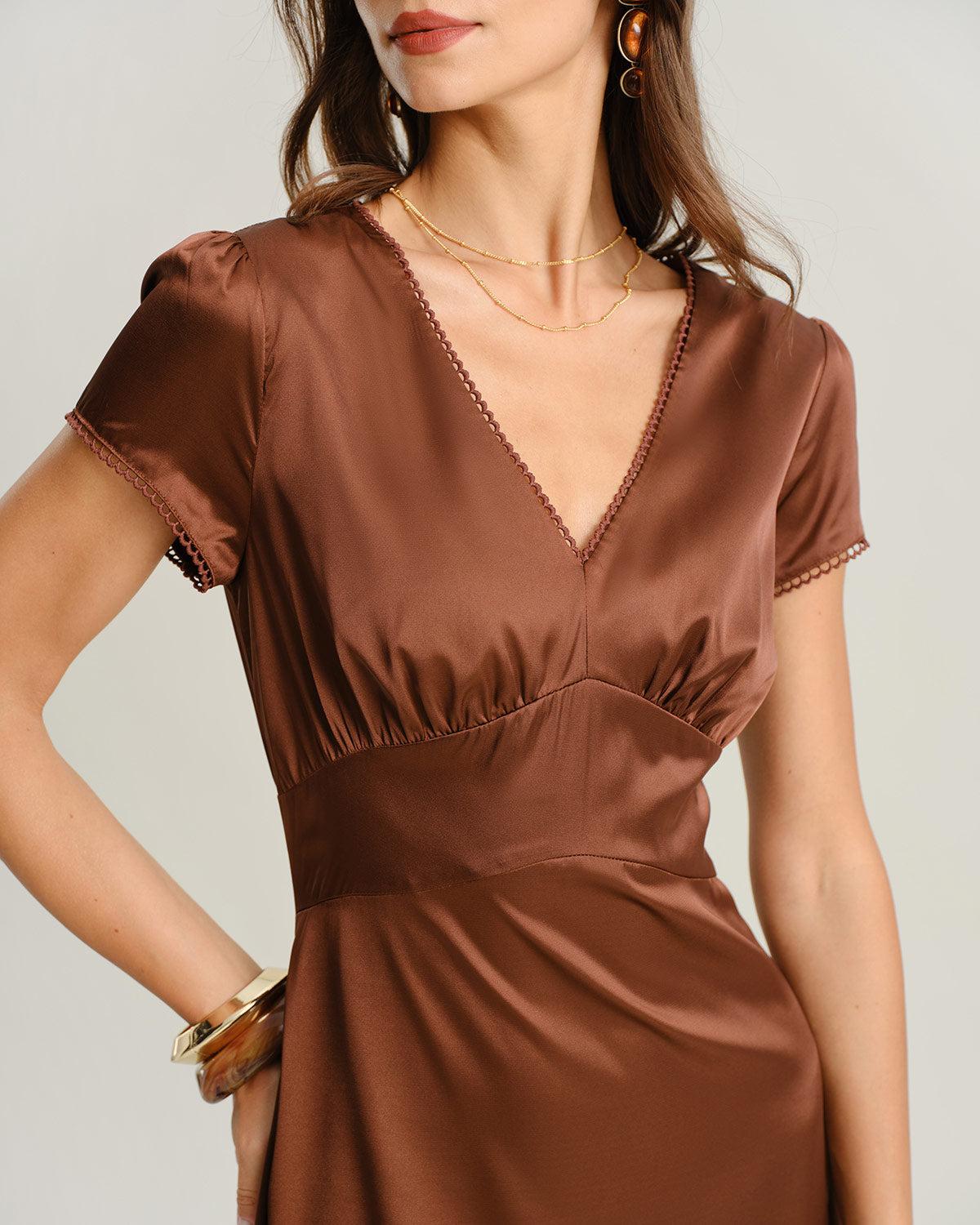 Brown V Neck Cap Sleeve Midi Dress Product Image