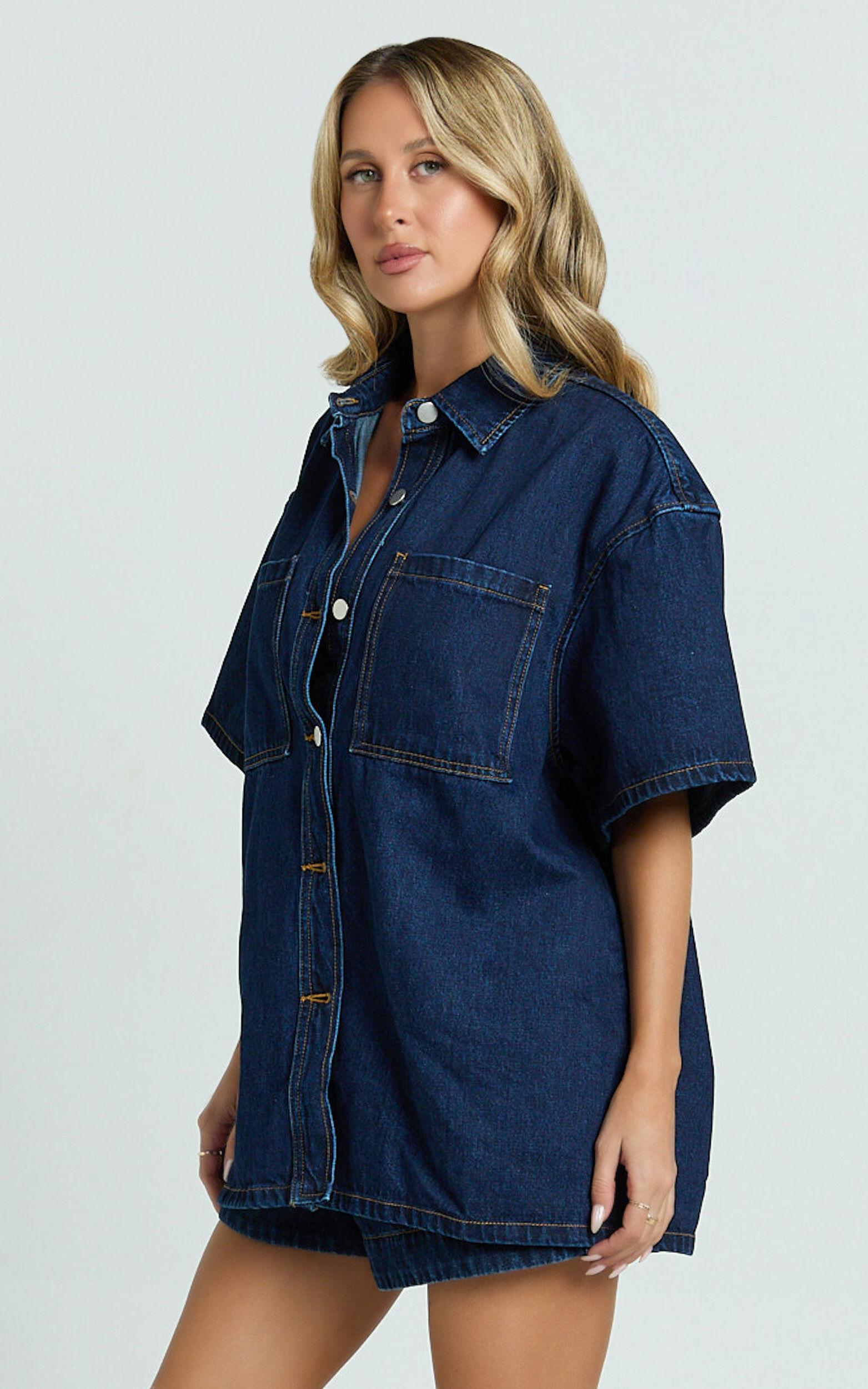 Rhianna Top - Oversized Recycled Denim Hardware Detail Short Sleeve Shirt in Indigo Wash Product Image