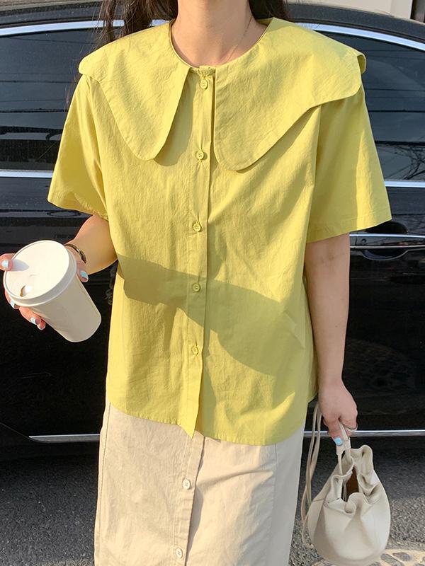 Loose Short Sleeves Solid Color Split-Joint Peter Pan Collar Blouses&Shirts Tops Product Image