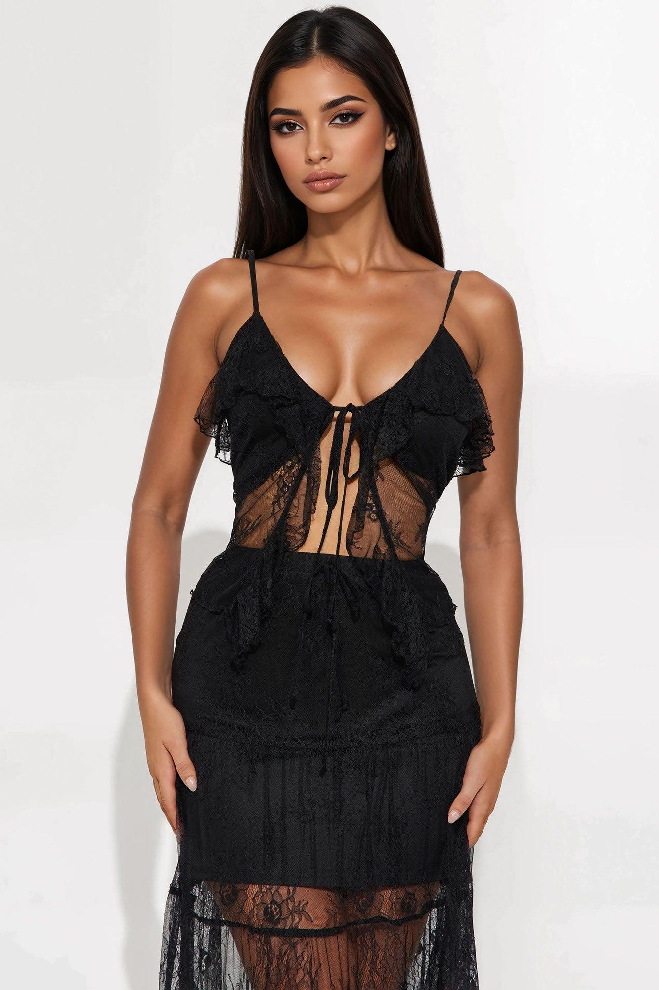 Midnight Envy Lace Maxi Skirt Set - Black Female Product Image