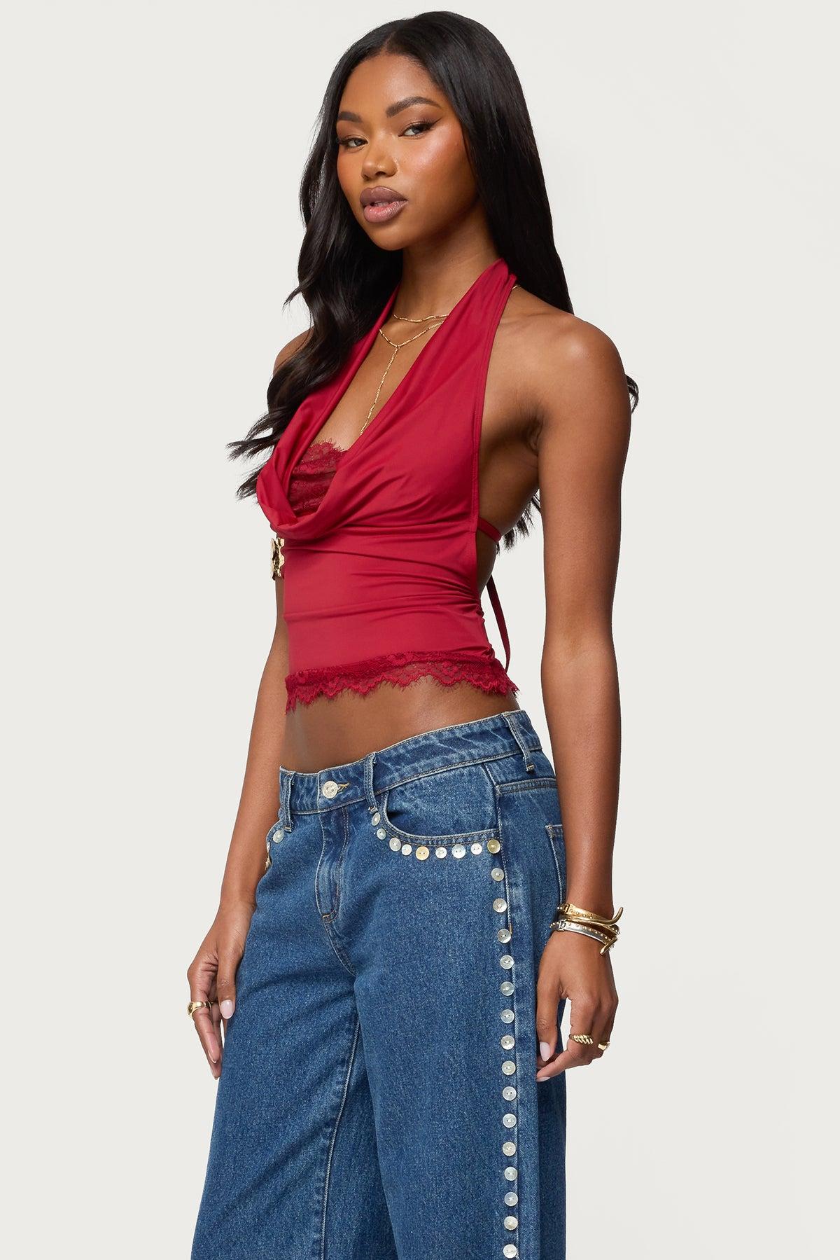 Layered Lacey Cowl Neck Halter Top Product Image