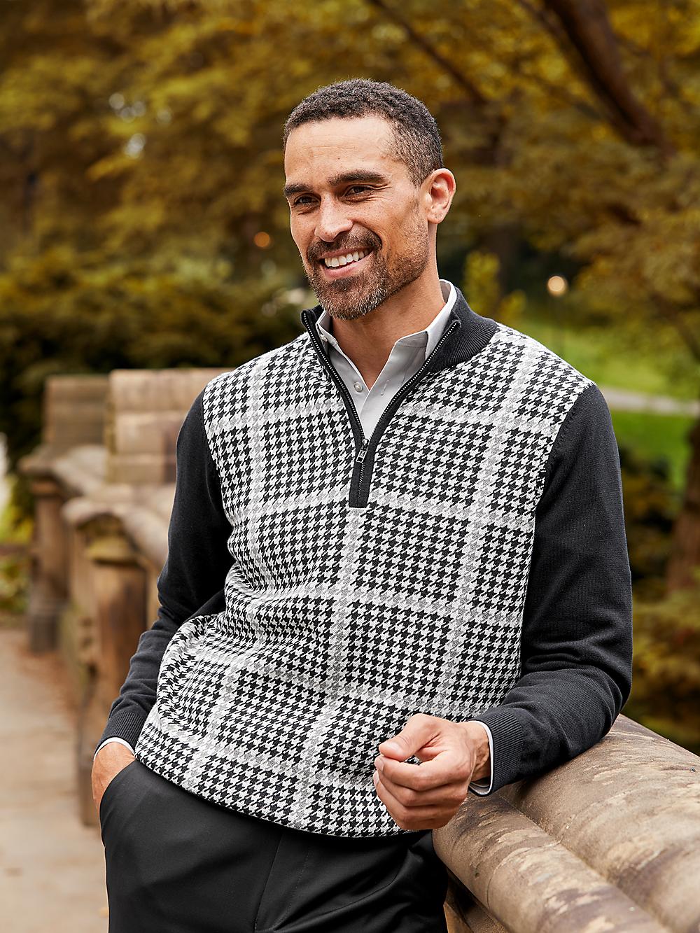 Cotton Quarter Zip Mock Neck Sweater - Black/white Product Image