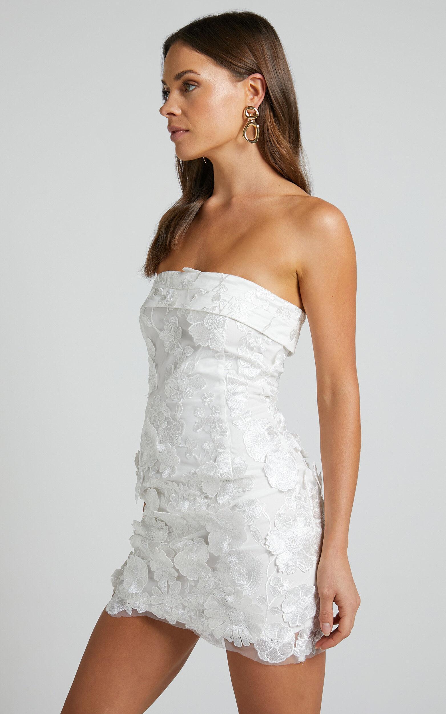 Wren Mini Dress - Strapless Bodycon Garden Flowers Dress in White Product Image