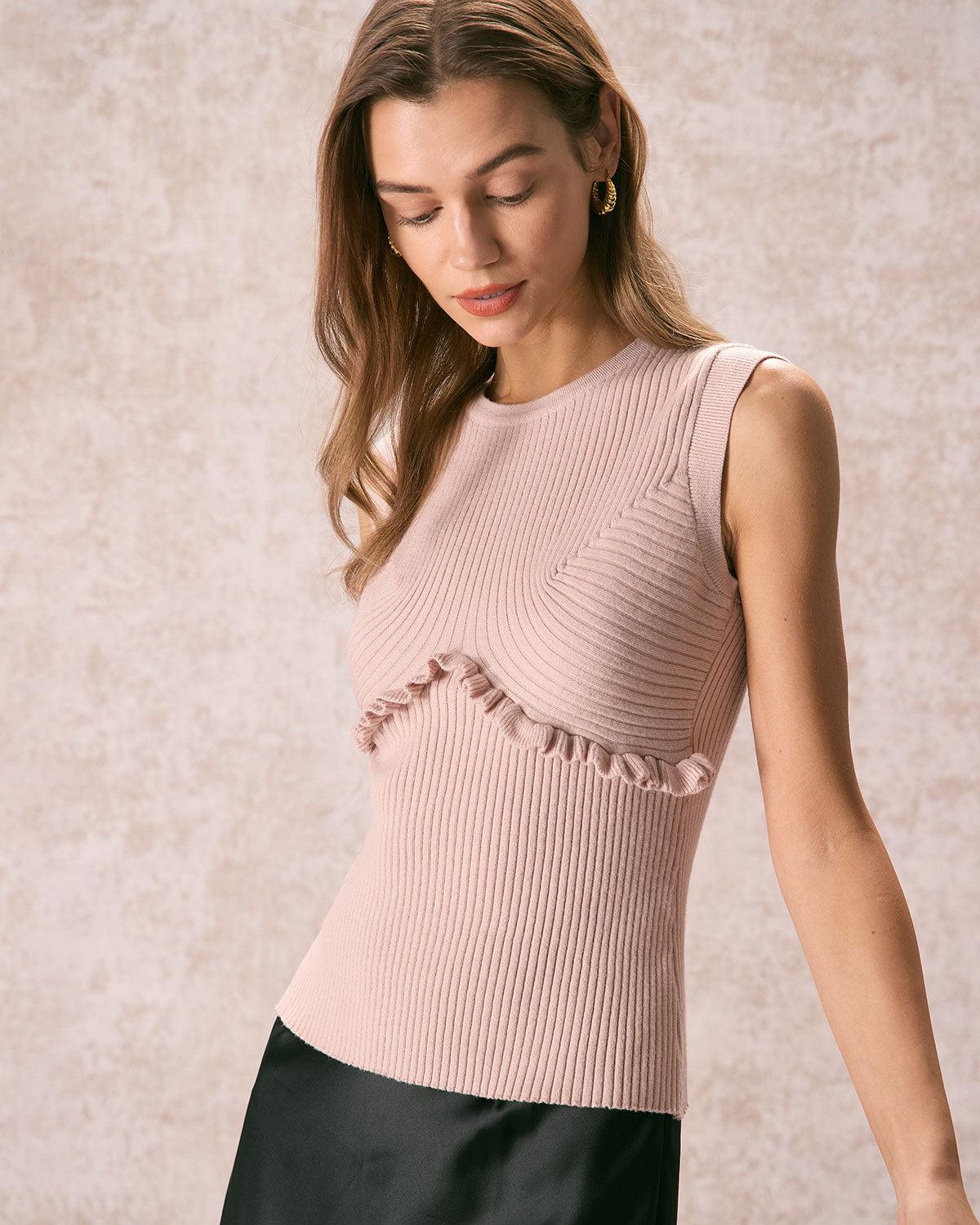 The Apricot Crew Neck Ruffle Knit Tank Top Product Image