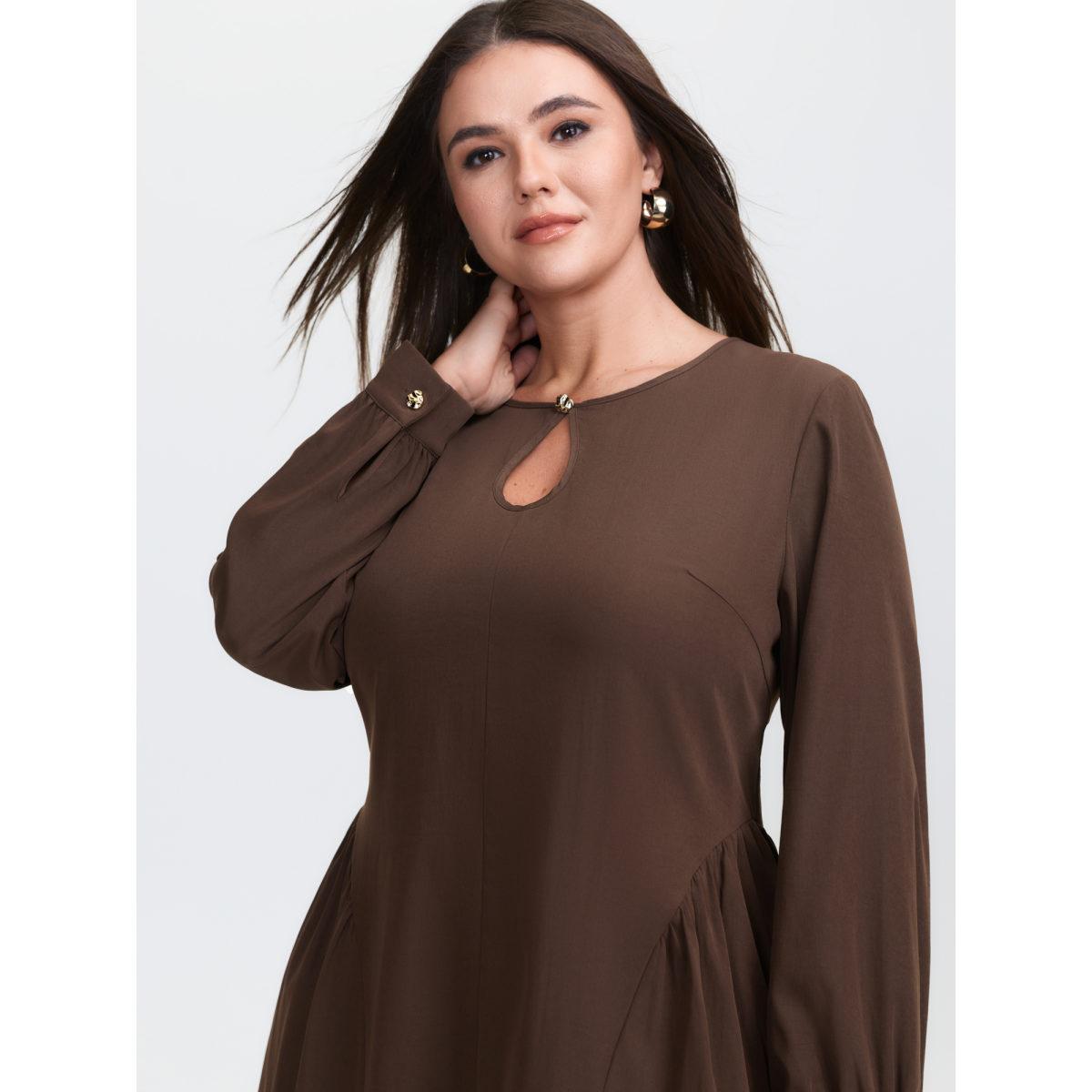 Plus Size Round Neck Cut Out Solid Midi Dress Browncoffeecolor Women Office Round Neck Extra Long Sleeve Curvy BloomChic 30/6X Product Image