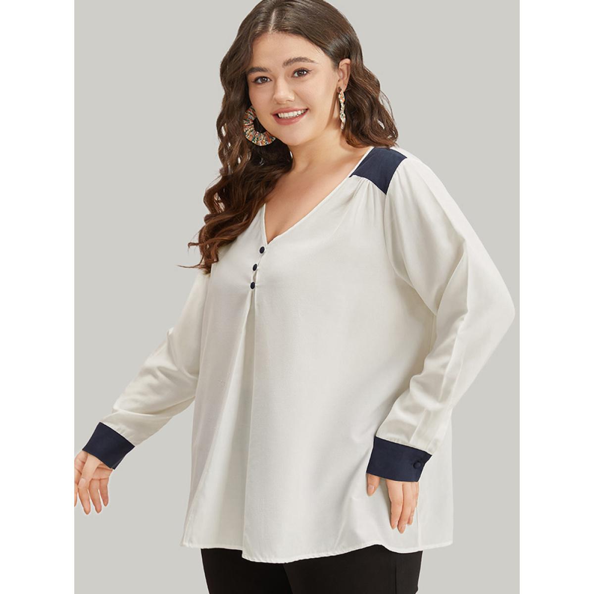Plus Size Ivory Contrast Patchwork Plicated Button Detail Blouse Women Office Long Sleeve V-neck Work Blouses BloomChic 22-24/3X Product Image