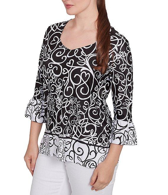 Ruby Rd. Petite Size Whirlwind Heart Border Print Knit Sweetheart Neck 3/4 Sleeve Top Product Image