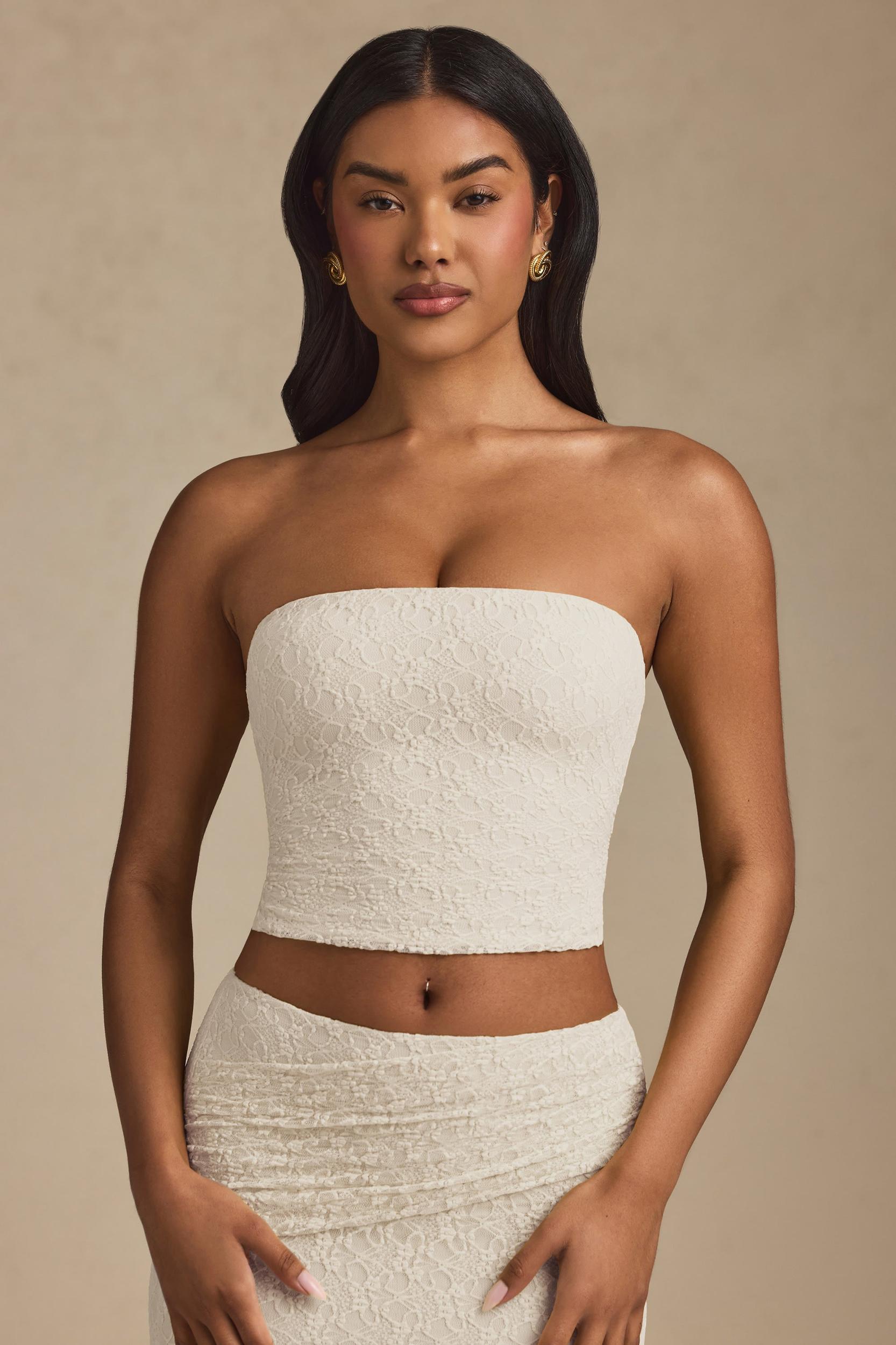 Ruched Strapless Lace Top in Ivory Product Image