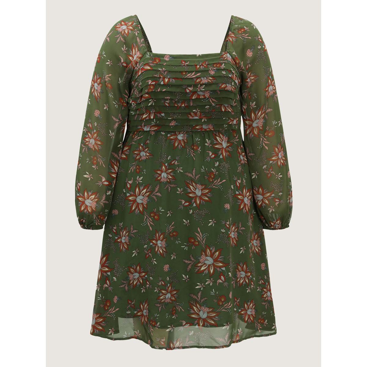 Plus Size Pleated Bodice Stretchy Waist Mini Dress ArmyGreen Women Romantic Tucked seam Square Neck Long Sleeve Curvy BloomChic 14-16/1X Product Image