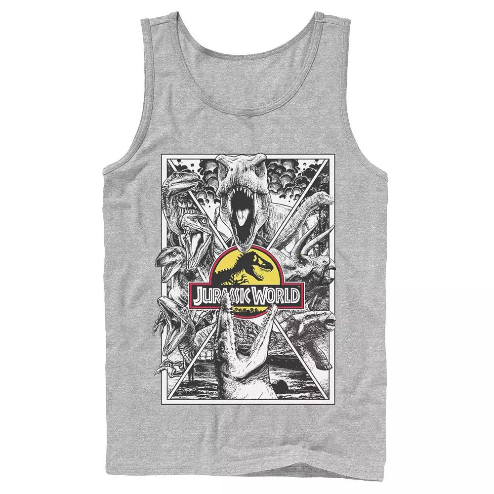 Men's Jurassic World Black and White Comic Dinos Graphic Tank Top,  Product Image