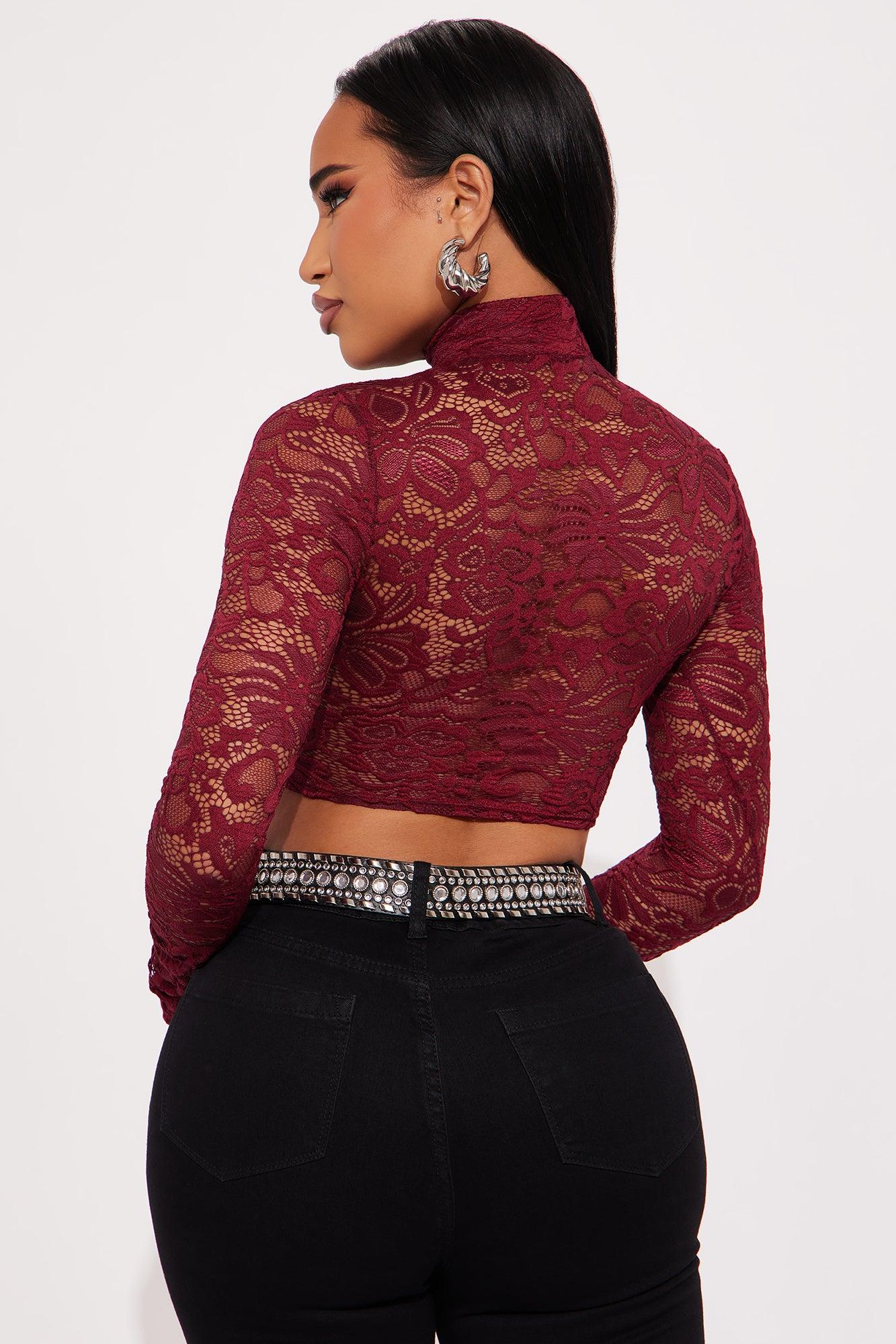 Ivey Lace Mock Neck Long Sleeve Top - Burgundy Product Image