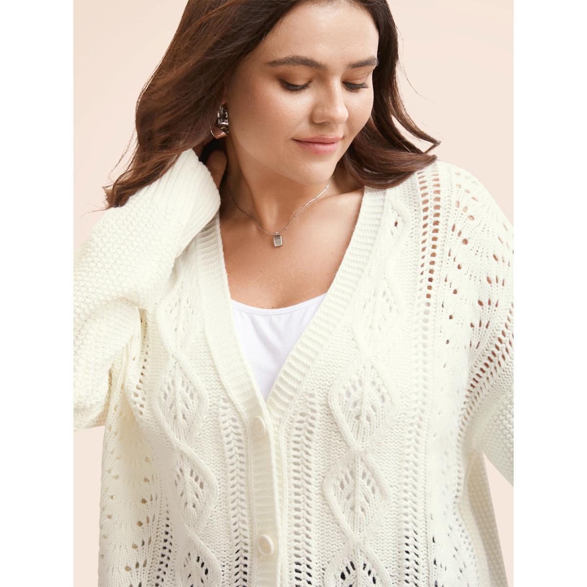 Plus Size Solid Hollow Out Button Up Cardigan Apricot Women Casual Loose Long Sleeve Everyday Cardigans BloomChic 30/6X Product Image