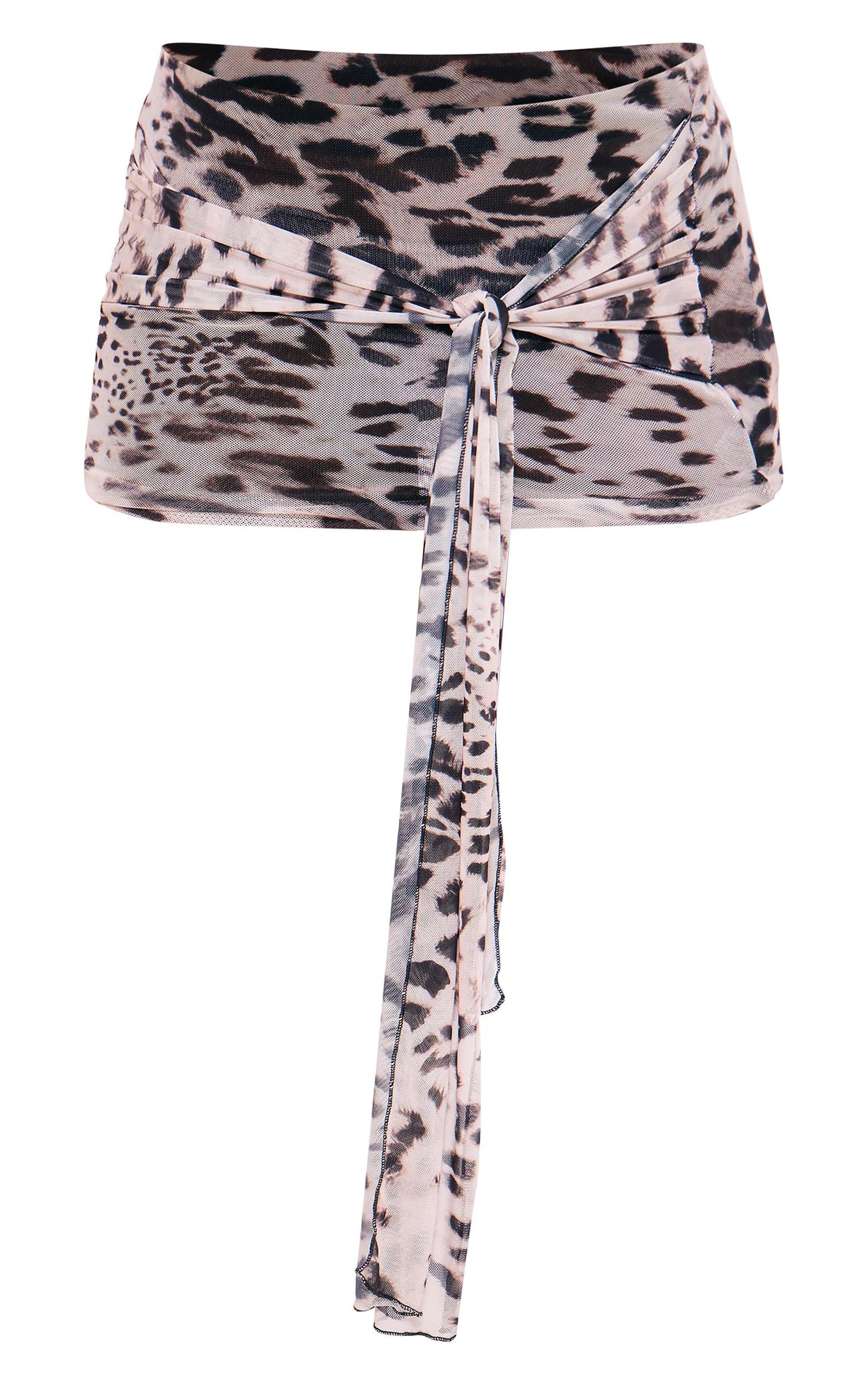 Leopard Printed Mesh Tie Front Knot Detail Mini Skirt Product Image