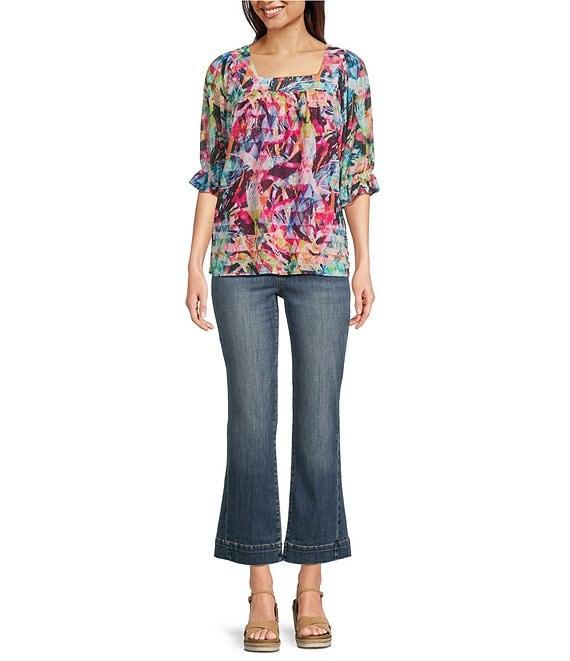 Calessa Mesh Knit Abstract Floral Square Neck Elbow Sleeve Tunic Product Image