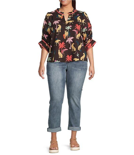 Democracy Plus Size Woven Animal Palm Printed Ruffle Split V-Neck Ruched Elbow Sleeve Top Product Image