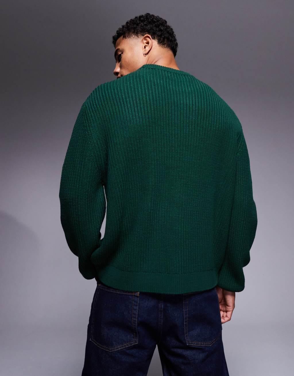 ASOS DESIGN oversized boxy knitted fisherman rib sweater in dark green Product Image