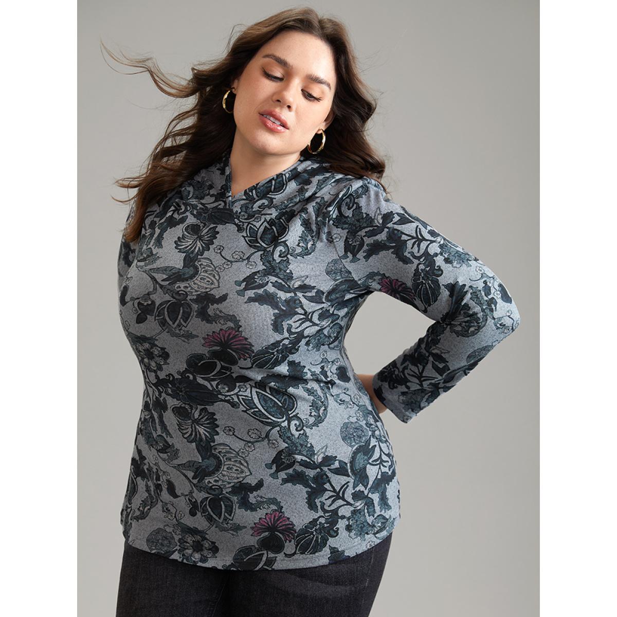 Plus Size Floral Print Hooded T-shirt DimGray Women Elegant Printed Floral Hooded Dailywear T-shirts BloomChic 14-16/1X Product Image