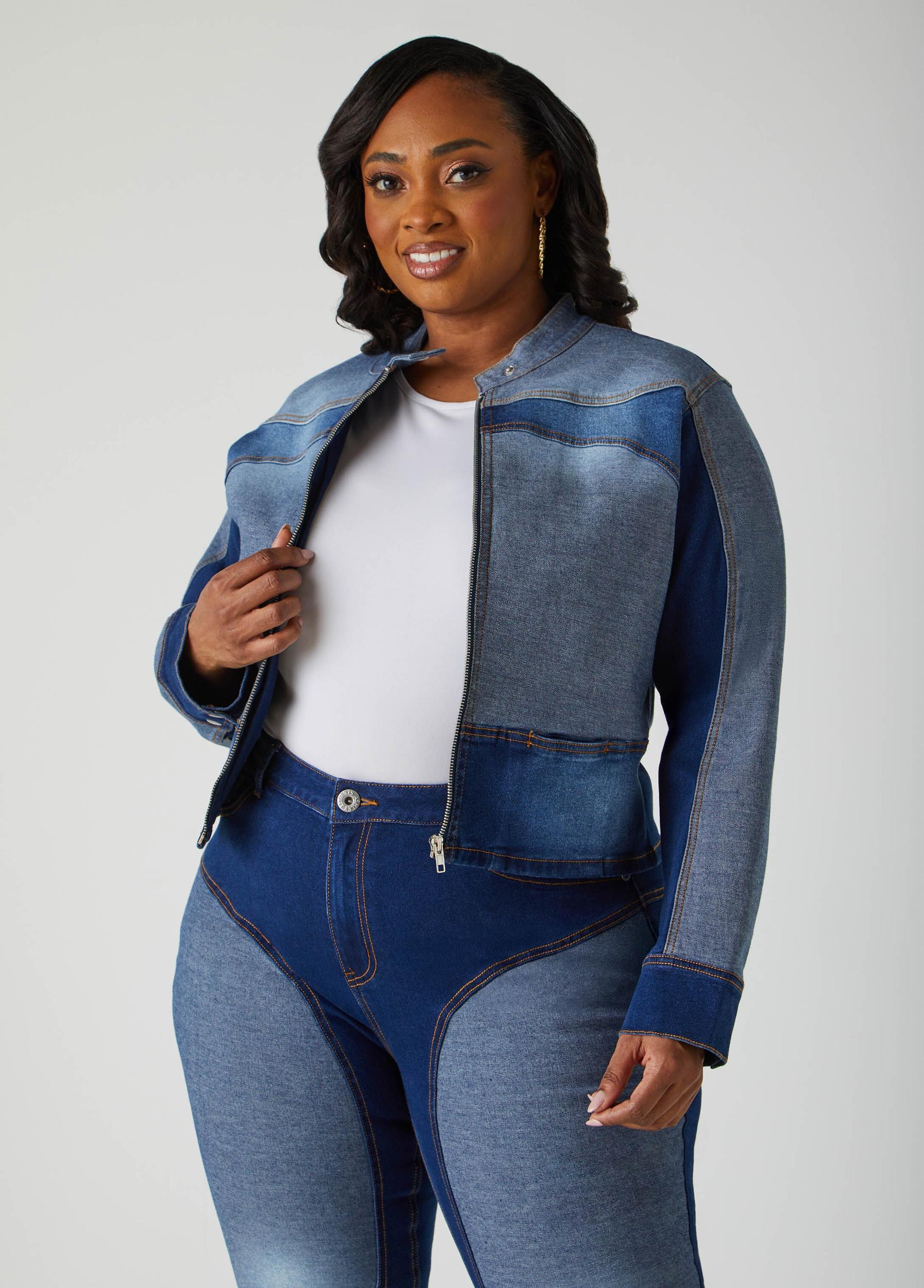 Plus Size Colorblocked Denim Moto Jacket Ashley Stewart Product Image