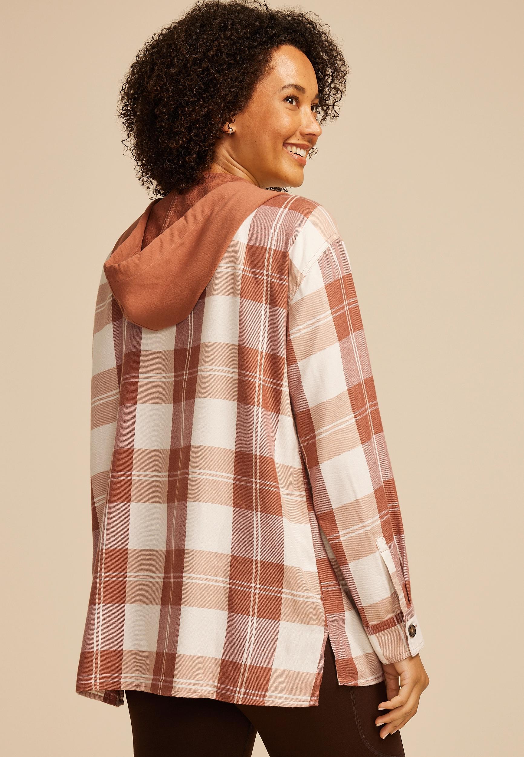 Plaid Hooded Boyfriend Button Down Shirt Product Image