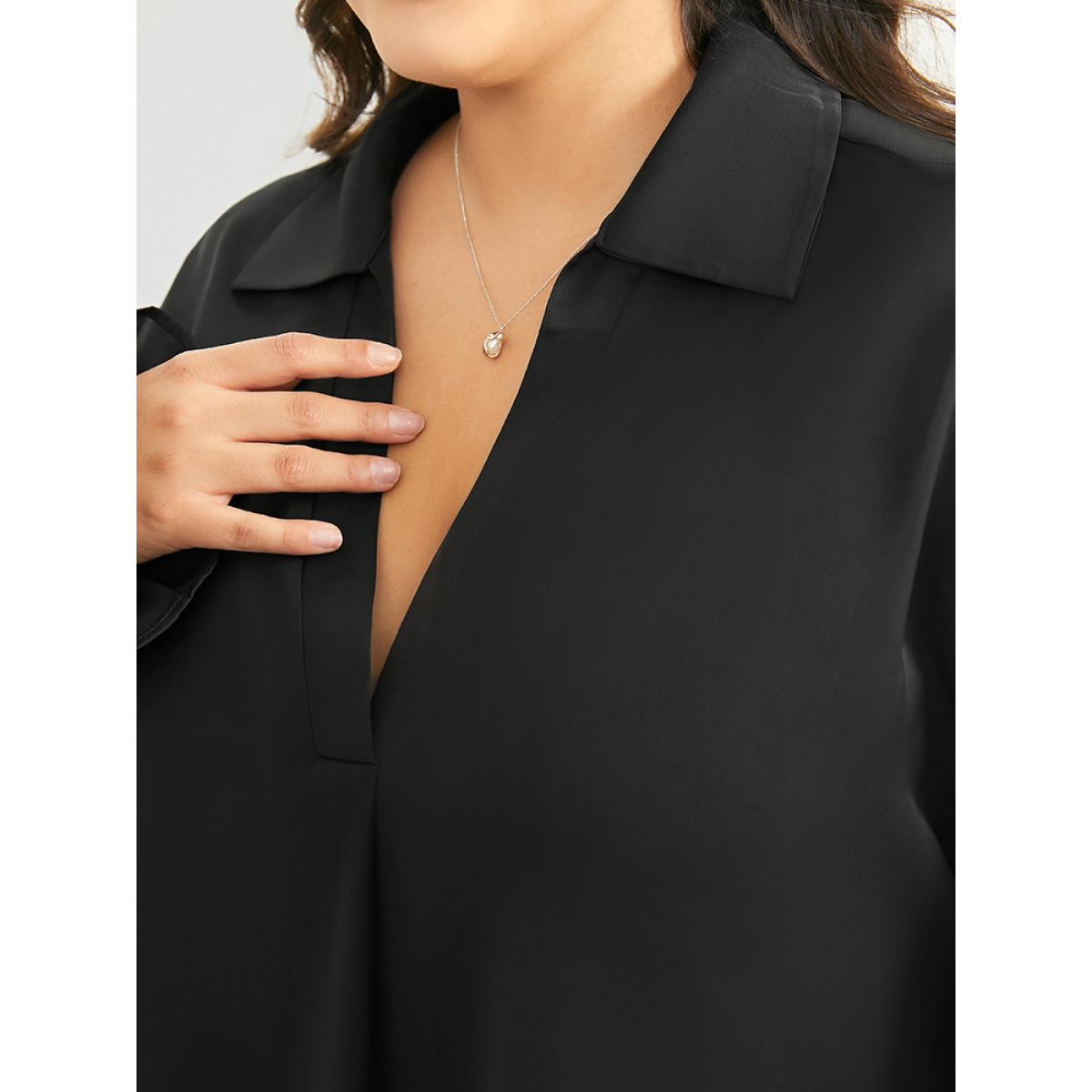 Plus Size Black Knot Pleated Lantern Sleeve Blouse Women Office Long Sleeve Shirt collar Work Blouses BloomChic 28/5X Product Image