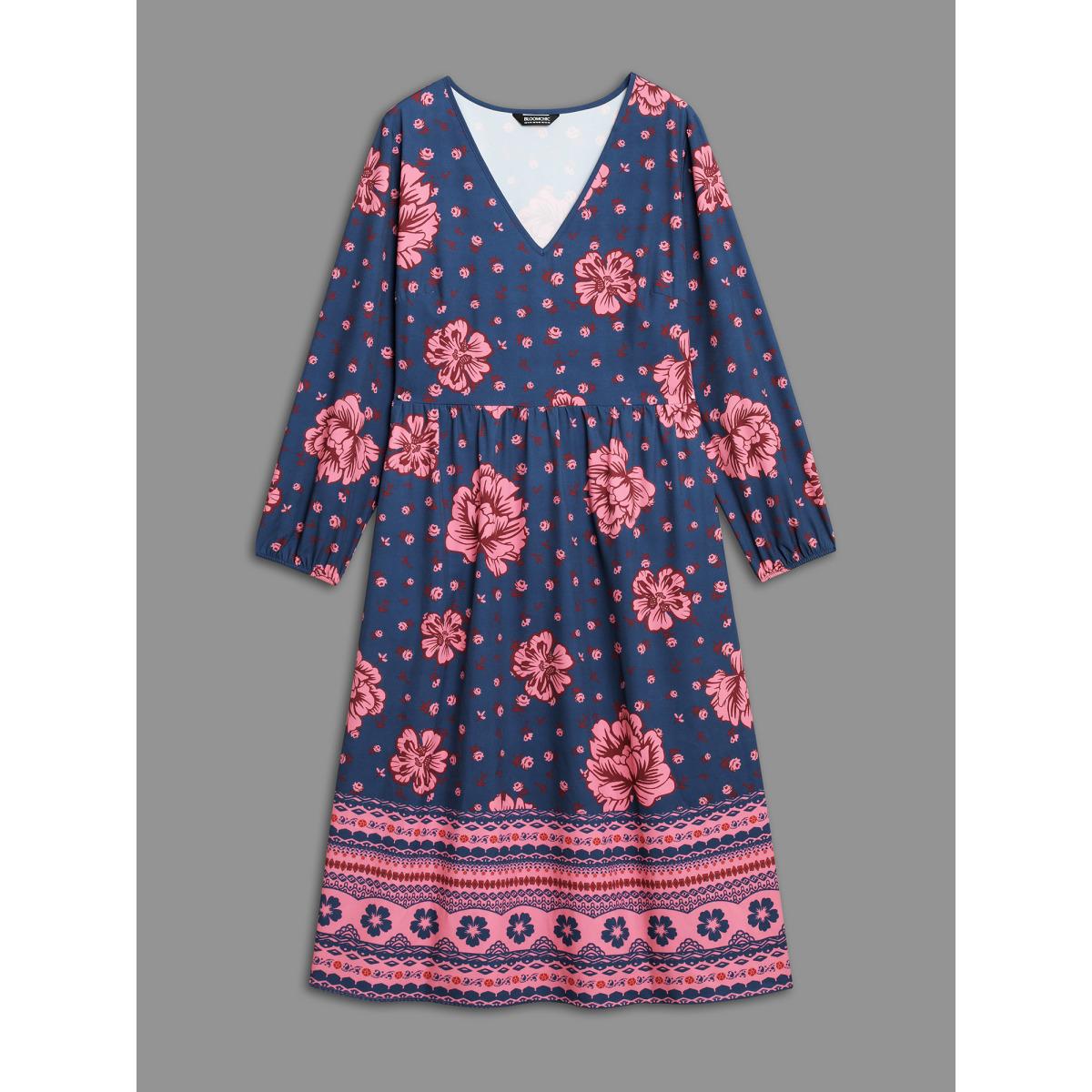 Plus Size Boho Print V Neck Elastic Waist Dress Midnight Women Resort Non V-neck Long Sleeve Curvy BloomChic 26/4X Product Image