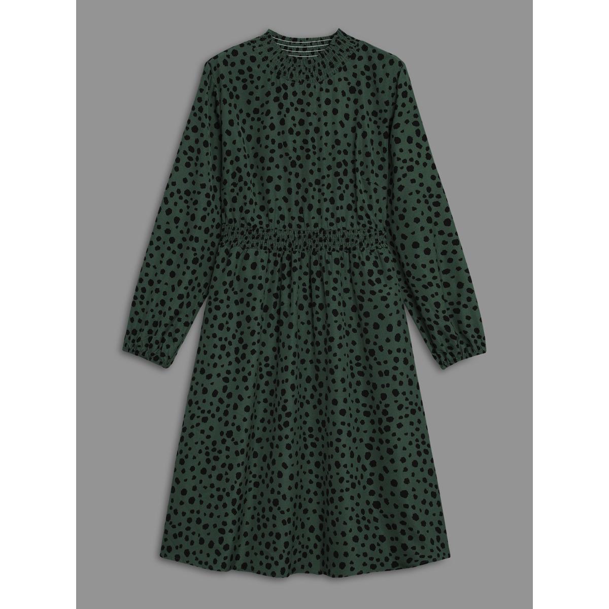 Plus Size Polka Dot Shirred Frill Trim Dress DarkGreen Women At the Office Frill Trim Mock Neck Long Sleeve Curvy BloomChic 18-20/2X Product Image