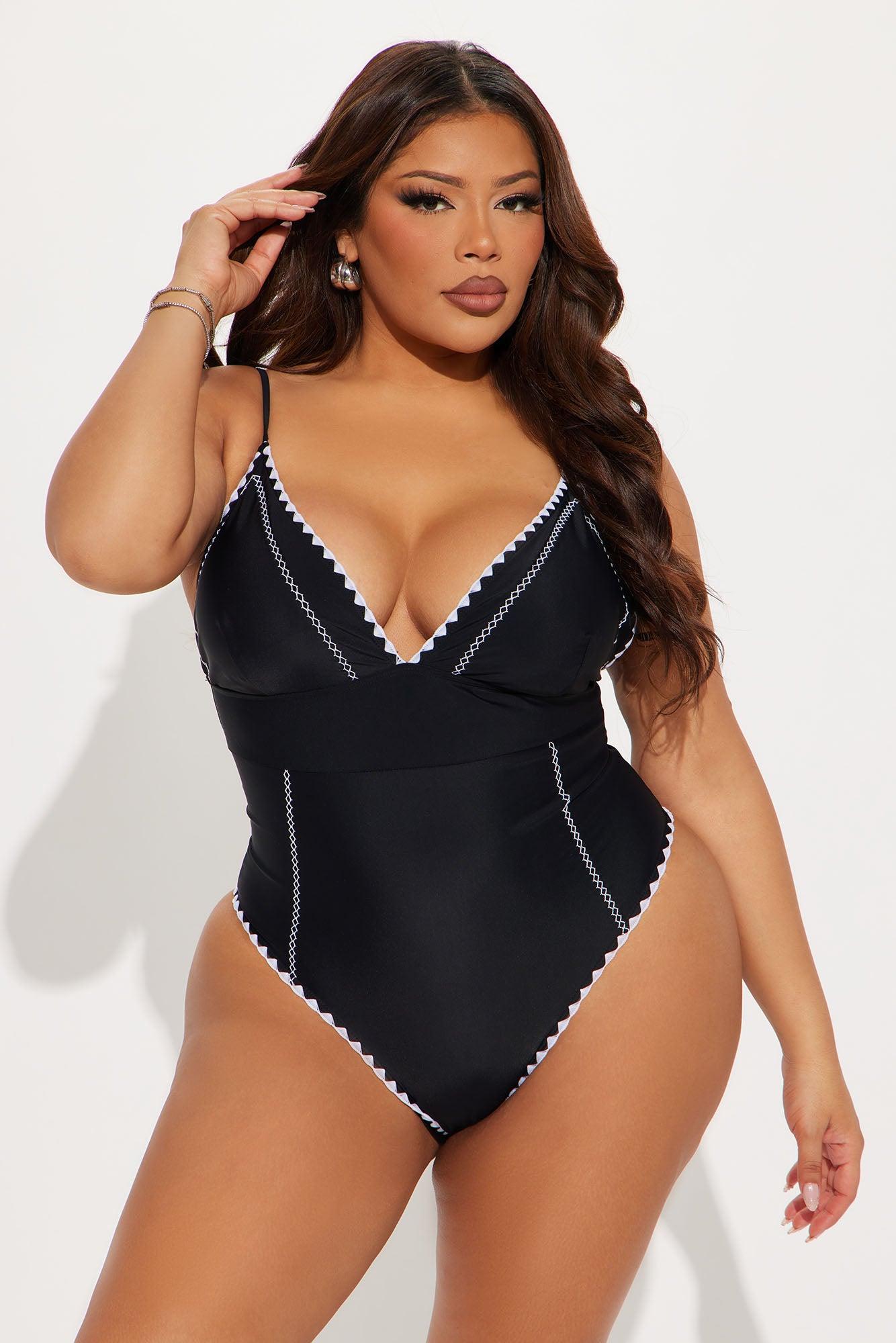 Summers On The Coast Contrast Threading 1 Piece Swimsuit - Black/White Product Image