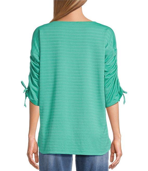 Westbound Petite Knit 3/4 Ruched Sleeve Crew Neck Top Product Image